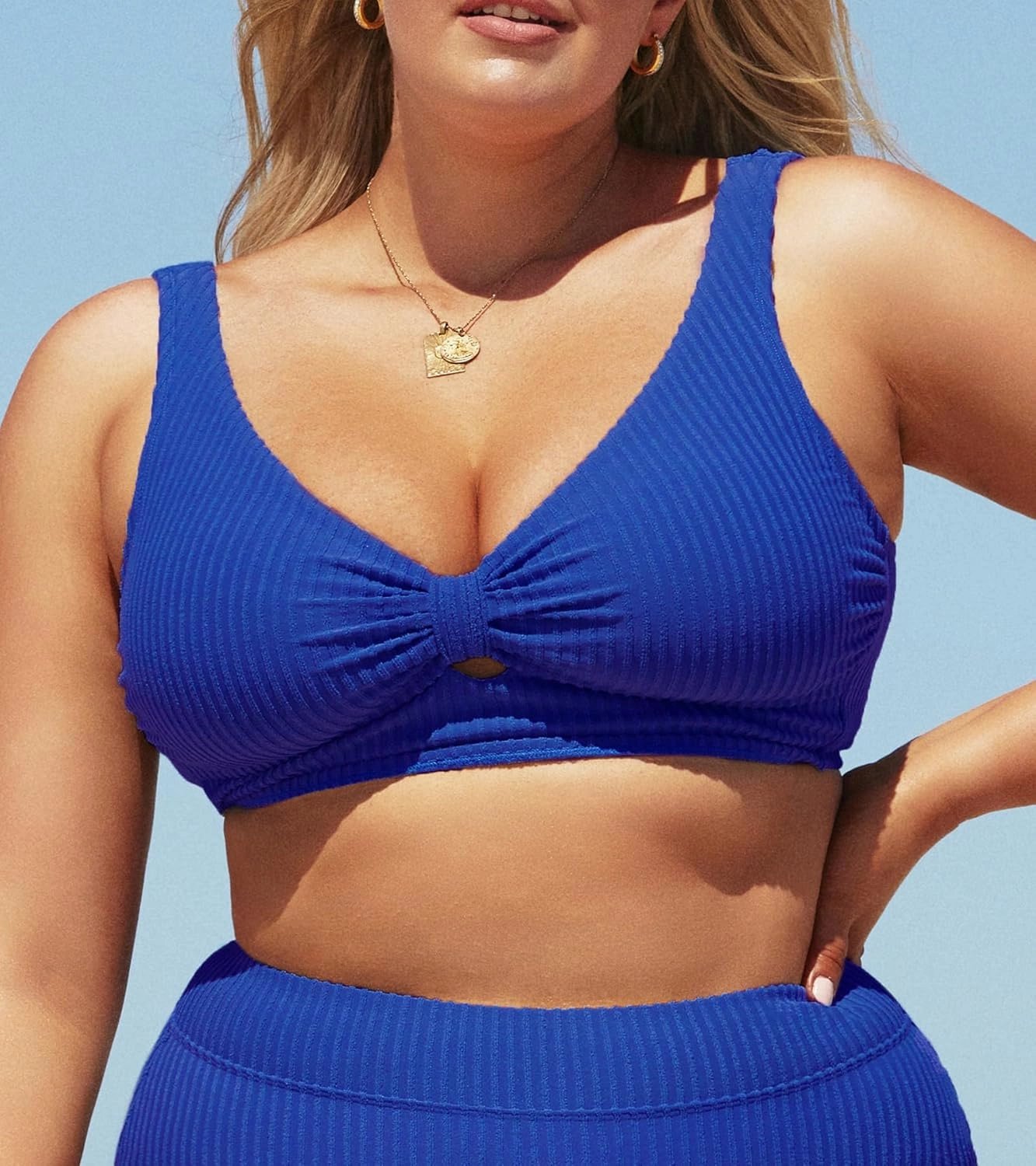 CUPSHE Women Swimsuit Plus Size Bikini Top Ribbed Texture Knotted Front Fixed Wide Straps No Bottom