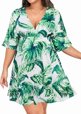 Daci Plus Size Swimsuit Cover Ups - V Neck Bathing Suit Women Short Sleeve Beach Dress