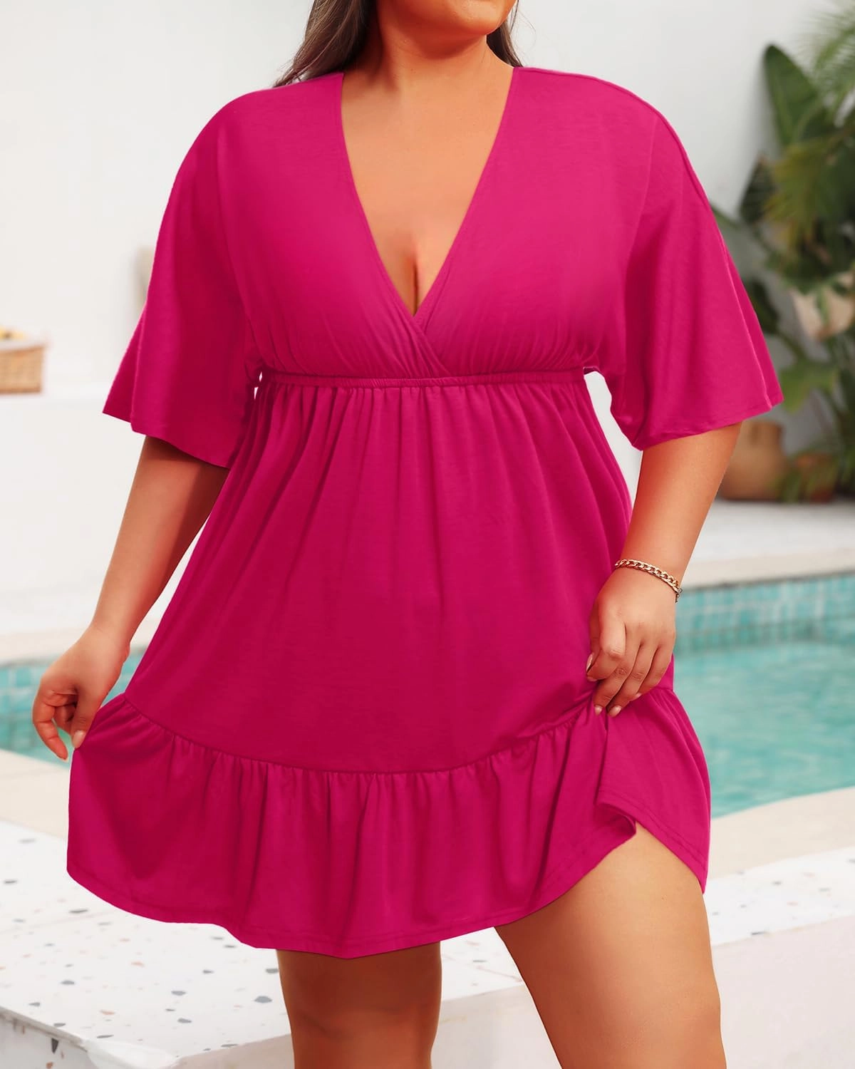 Daci Plus Size Swimsuit Cover Ups - V Neck Bathing Suit Women Short Sleeve Beach Dress