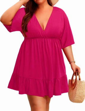 Daci Plus Size Swimsuit Cover Ups - V Neck Bathing Suit Women Short Sleeve Beach Dress
