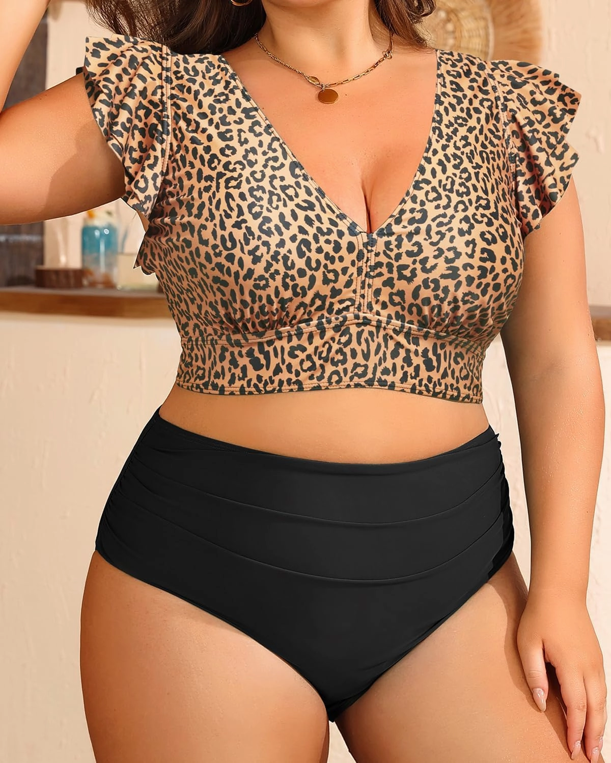 Daci Plus Size Two Piece Bikini Swimsuits - High Waisted Tummy Control Women Bathing Suits with Ruffle Sleeve Swimwear