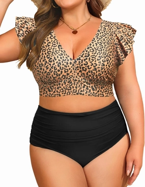 Daci Plus Size Two Piece Bikini Swimsuits - High Waisted Tummy Control Women Bathing Suits with Ruffle Sleeve Swimwear