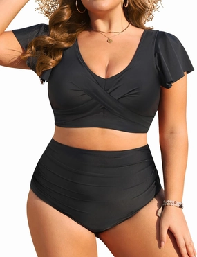 Daci Plus Size Two Piece Bikini Swimsuits - High Waisted Tummy Control Women Bathing Suits with Ruffle Sleeve Swimwear