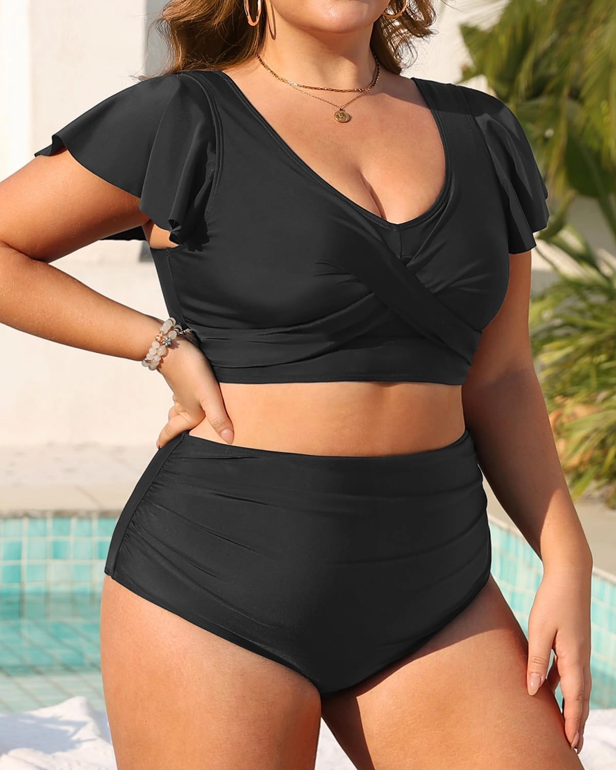 Daci Plus Size Two Piece Bikini Swimsuits - High Waisted Tummy Control Women Bathing Suits with Ruffle Sleeve Swimwear