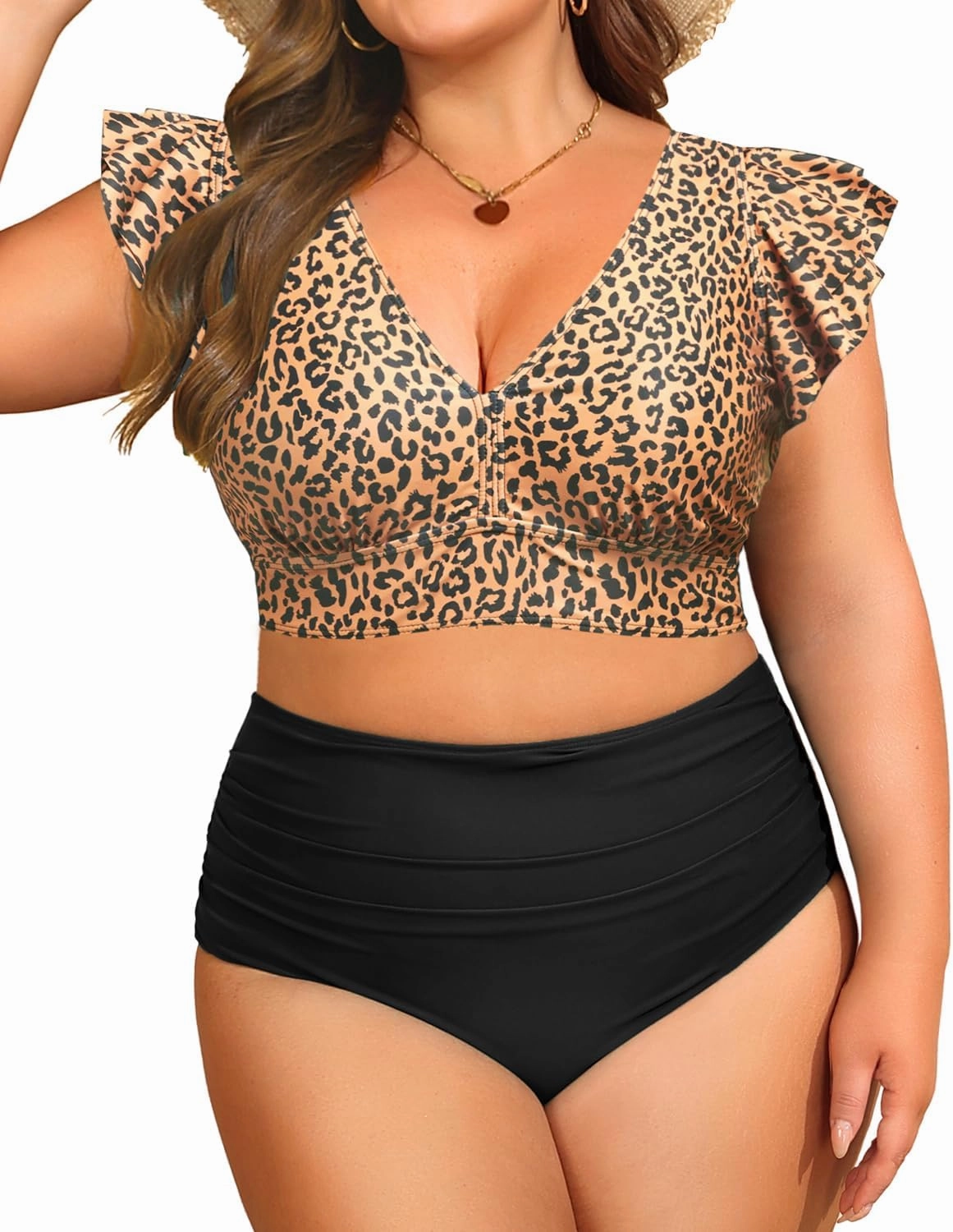 Daci Plus Size Two Piece Bikini Swimsuits - High Waisted Tummy Control Women Bathing Suits with Ruffle Sleeve Swimwear