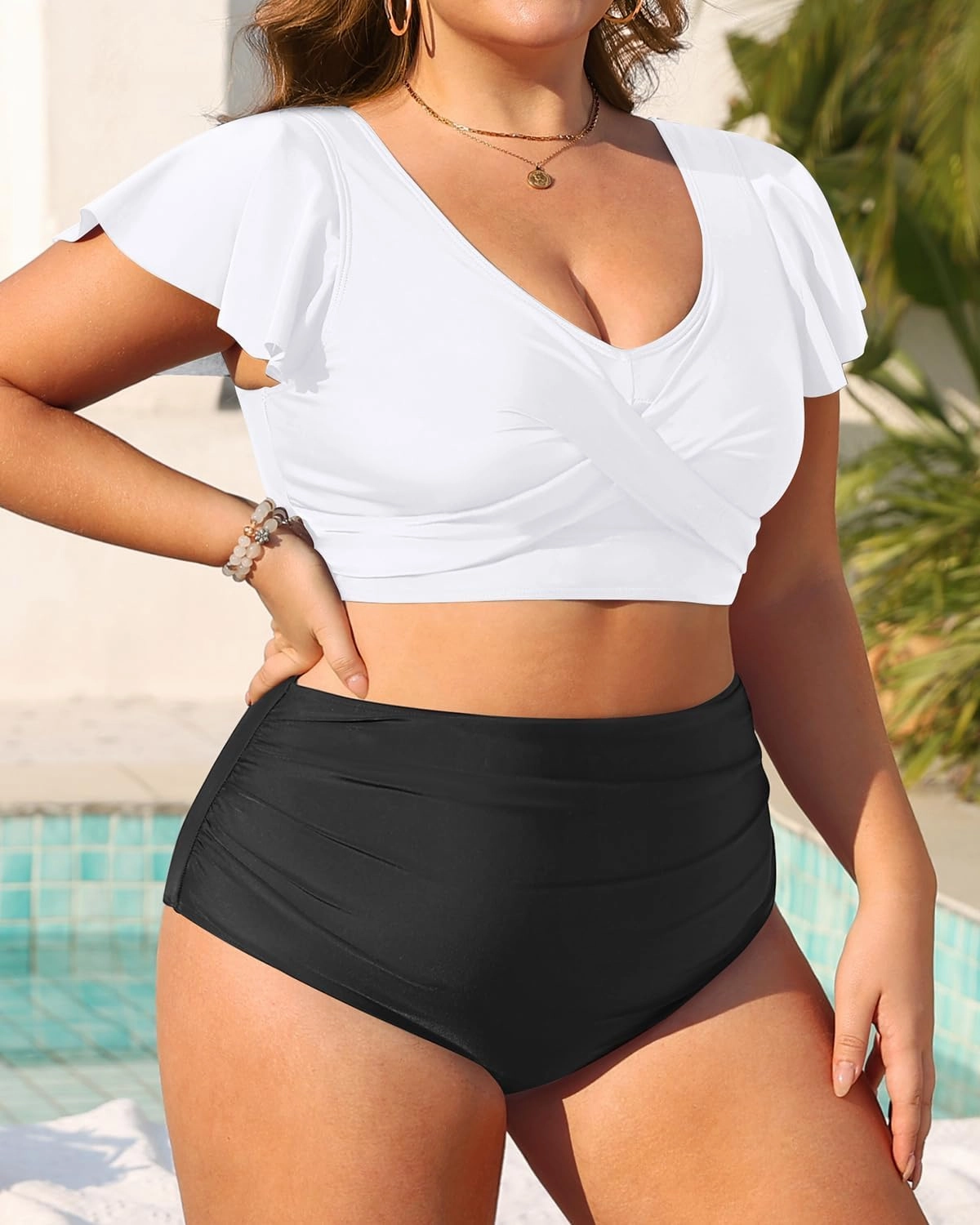 Daci Plus Size Two Piece Bikini Swimsuits - High Waisted Tummy Control Women Bathing Suits with Ruffle Sleeve Swimwear
