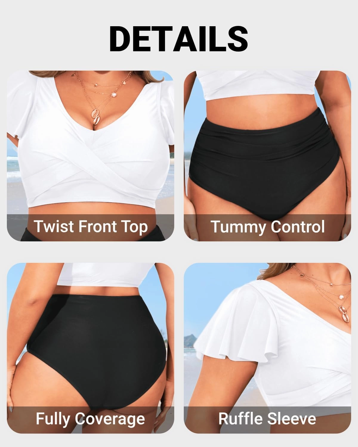 Daci Plus Size Two Piece Bikini Swimsuits - High Waisted Tummy Control Women Bathing Suits with Ruffle Sleeve Swimwear
