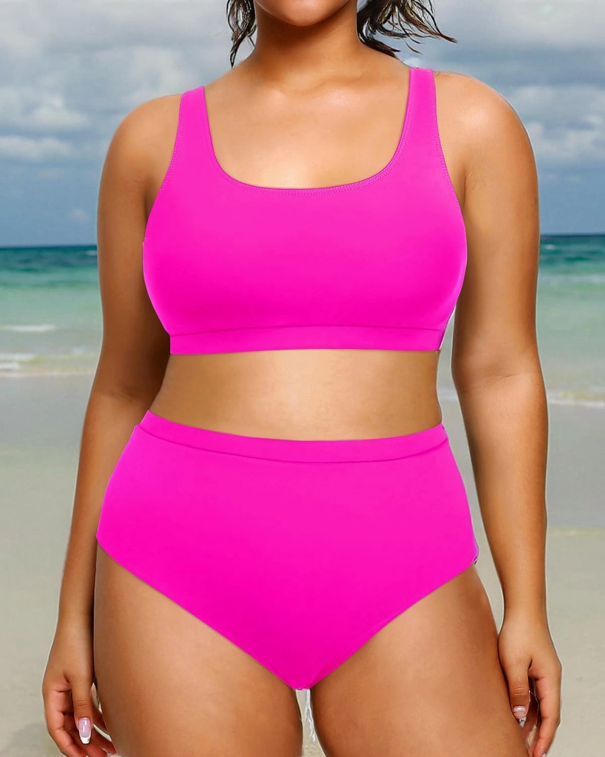 Daci Plus Size Two Piece Swimsuit High Waisted Bikini Set Sport Scoop Neck Swimsuit Full Coverage Bathing Suit