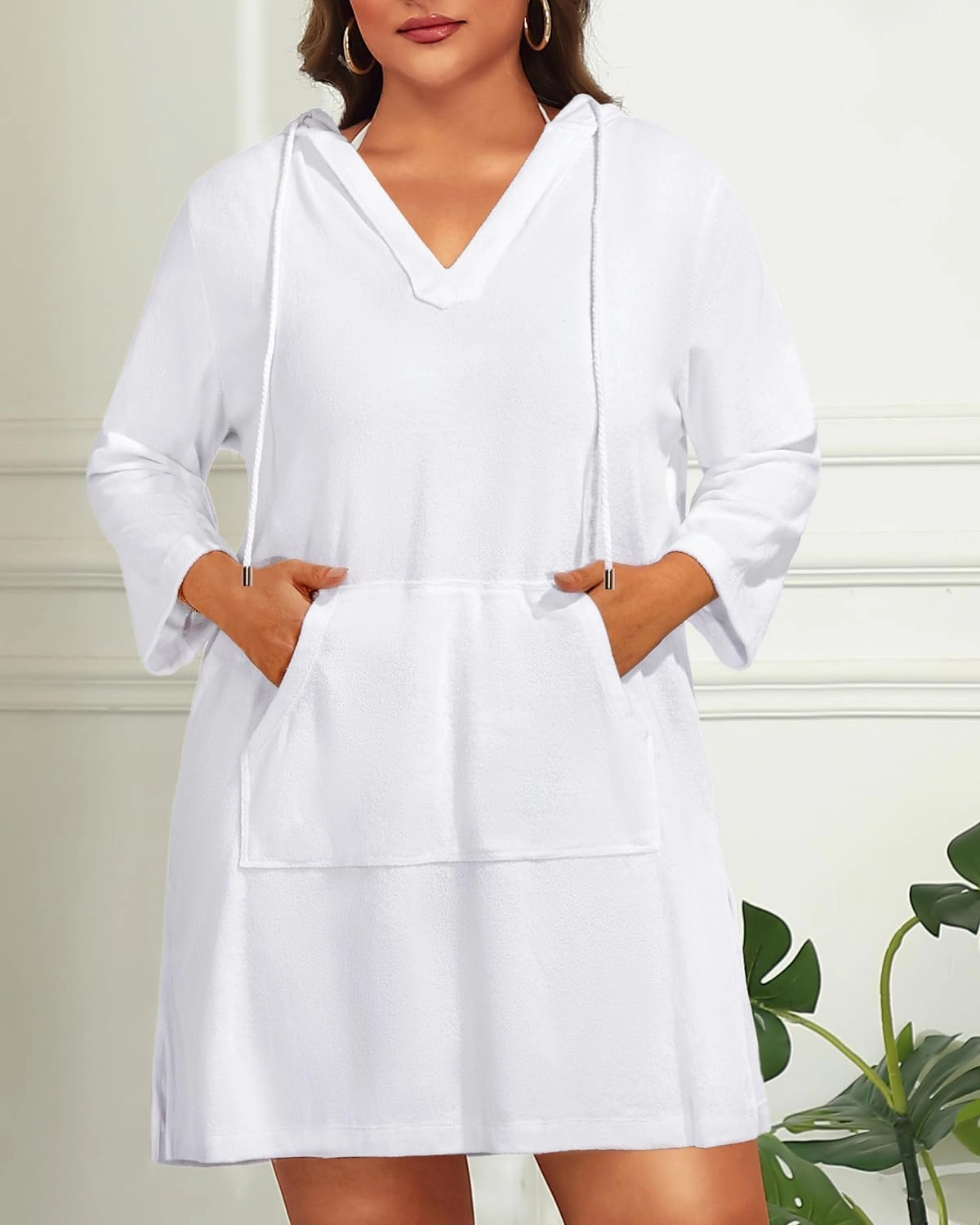 Daci Plus Size Women Terry Cloth Swimsuit Cover Up Long Sleeve Beach Bathing Suit Coverup Hooded Cotton Swim with Pockets