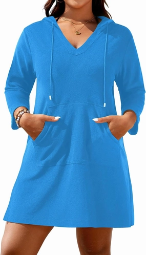 Daci Plus Size Women Terry Cloth Swimsuit Cover Up Long Sleeve Beach Bathing Suit Coverup Hooded Cotton Swim with Pockets