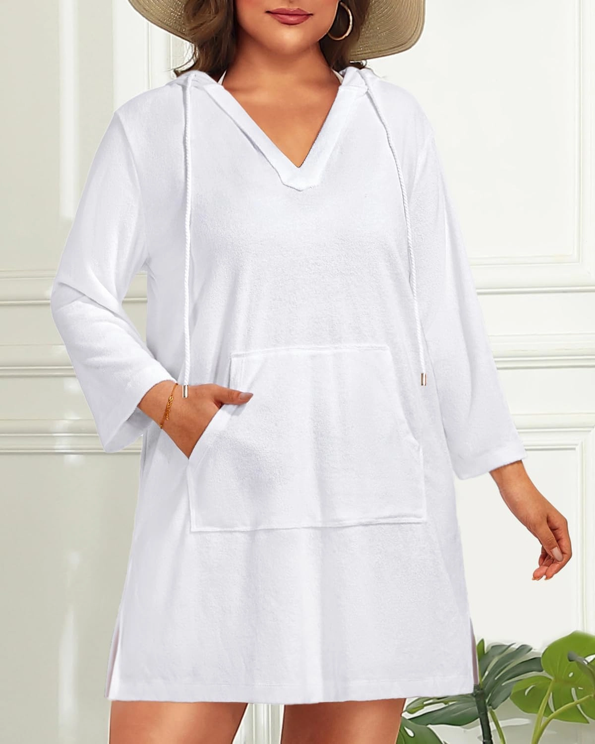 Daci Plus Size Women Terry Cloth Swimsuit Cover Up Long Sleeve Beach Bathing Suit Coverup Hooded Cotton Swim with Pockets