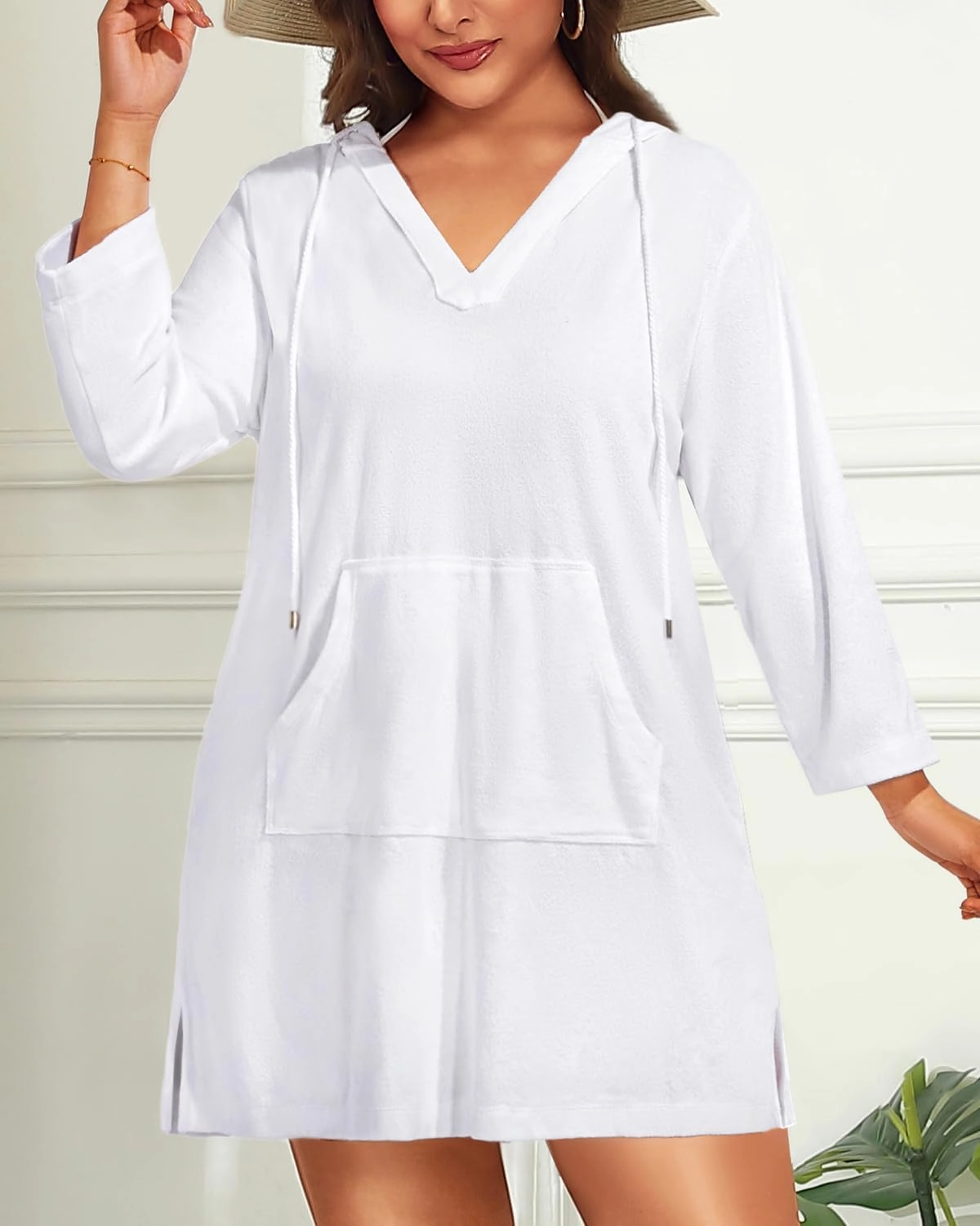 Daci Plus Size Women Terry Cloth Swimsuit Cover Up Long Sleeve Beach Bathing Suit Coverup Hooded Cotton Swim with Pockets
