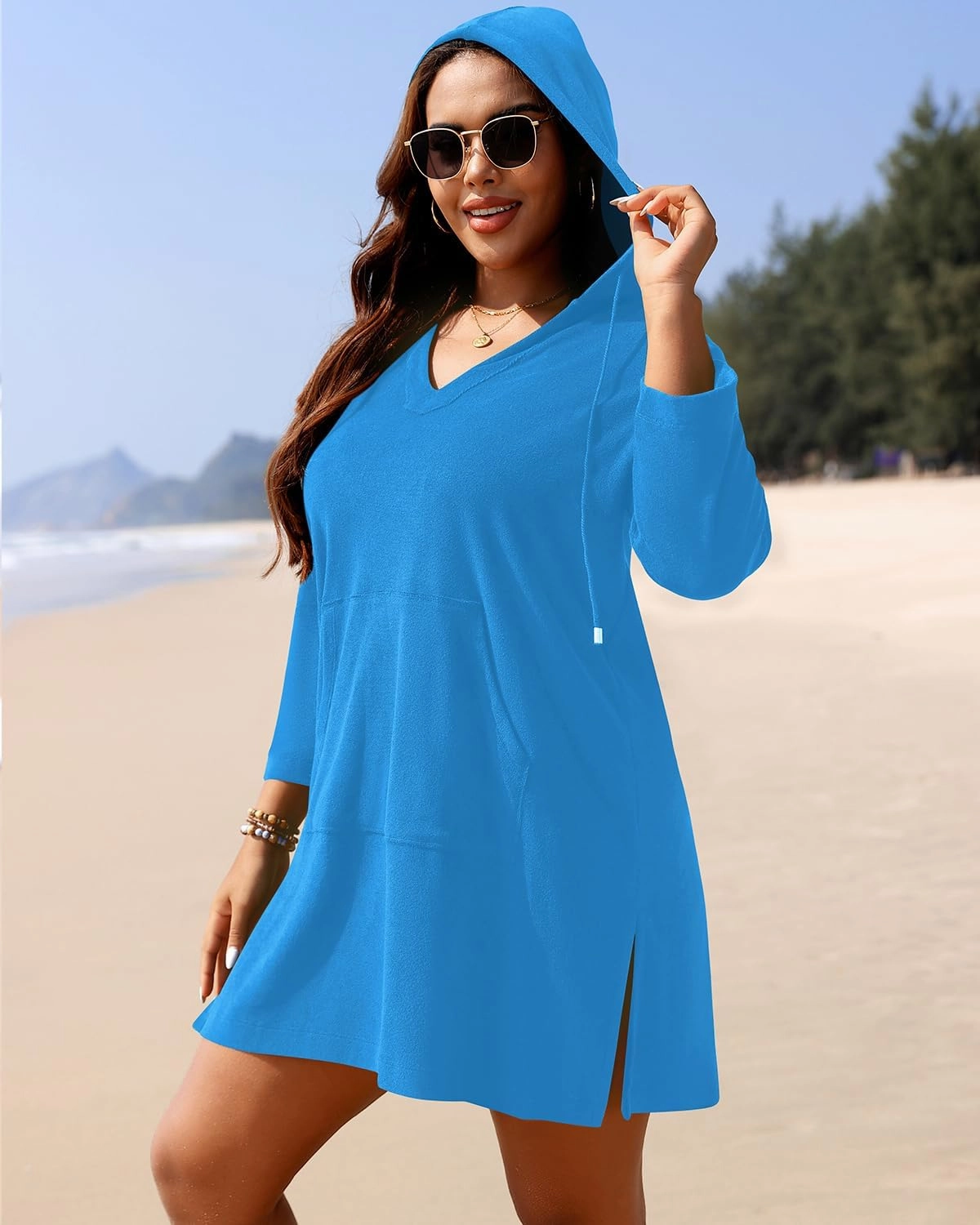 Daci Plus Size Women Terry Cloth Swimsuit Cover Up Long Sleeve Beach Bathing Suit Coverup Hooded Cotton Swim with Pockets