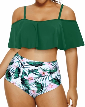 Daci Women Plus Size Bikini Sets High Waisted Ruffle Tummy Control Two Piece Swimsuit Off Shoulder Lace up Bathing Suit