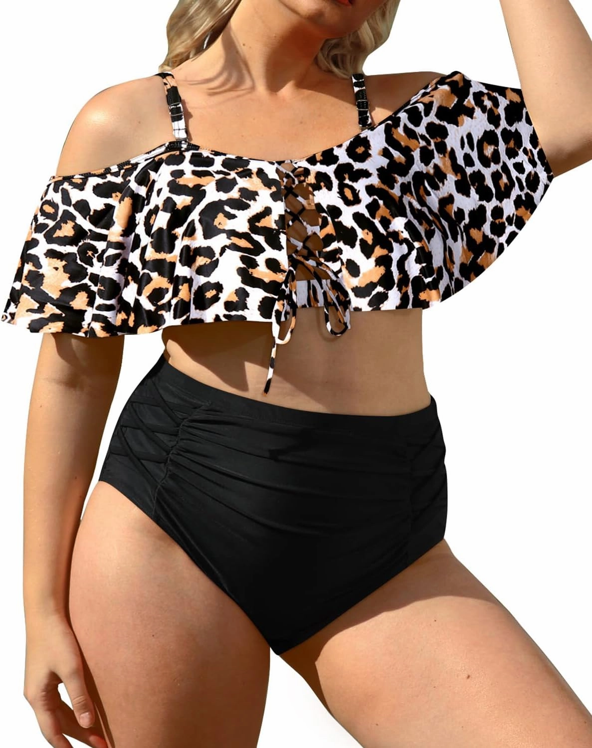 Daci Women Plus Size Bikini Sets High Waisted Ruffle Tummy Control Two Piece Swimsuit Off Shoulder Lace up Bathing Suit