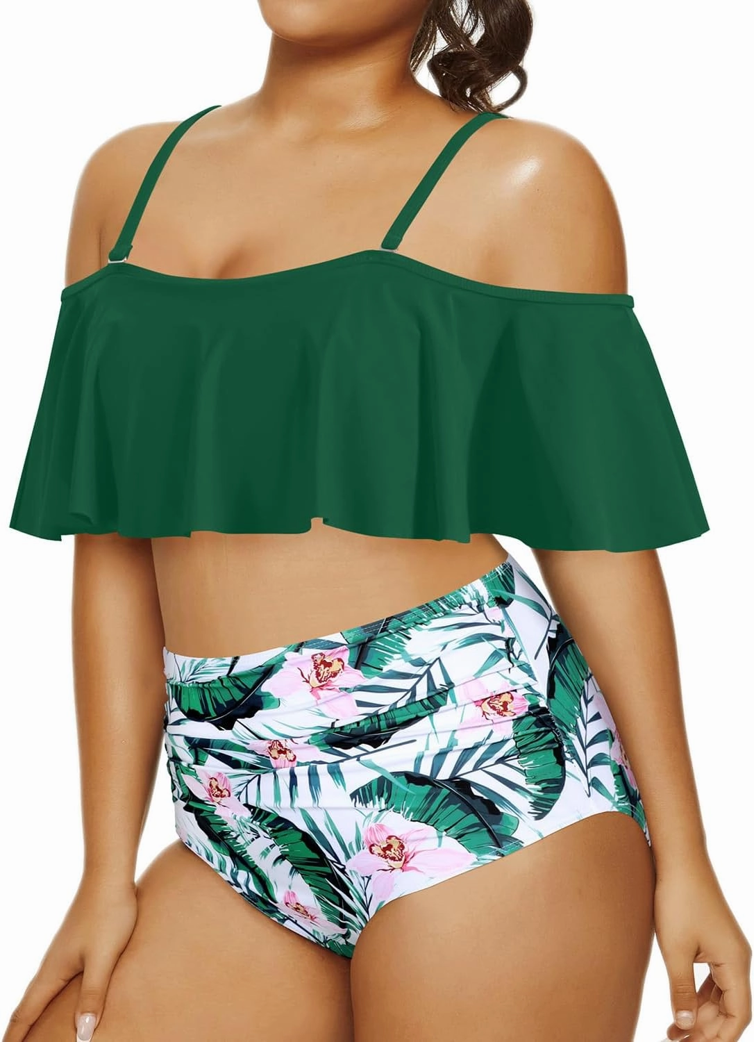 Daci Women Plus Size Bikini Sets High Waisted Ruffle Tummy Control Two Piece Swimsuit Off Shoulder Lace up Bathing Suit