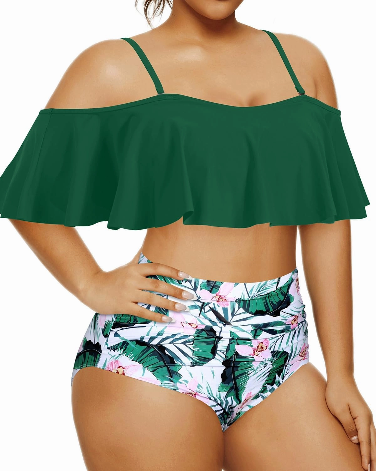 Daci Women Plus Size Bikini Sets High Waisted Ruffle Tummy Control Two Piece Swimsuit Off Shoulder Lace up Bathing Suit