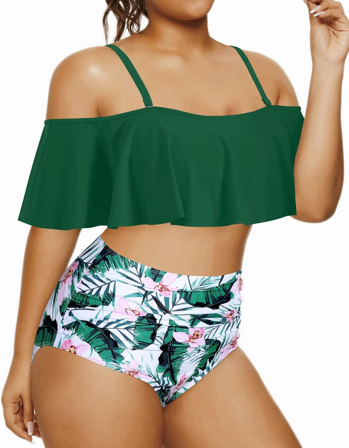 Daci Women Plus Size Bikini Sets High Waisted Ruffle Tummy Control Two Piece Swimsuit Off Shoulder Lace up Bathing Suit