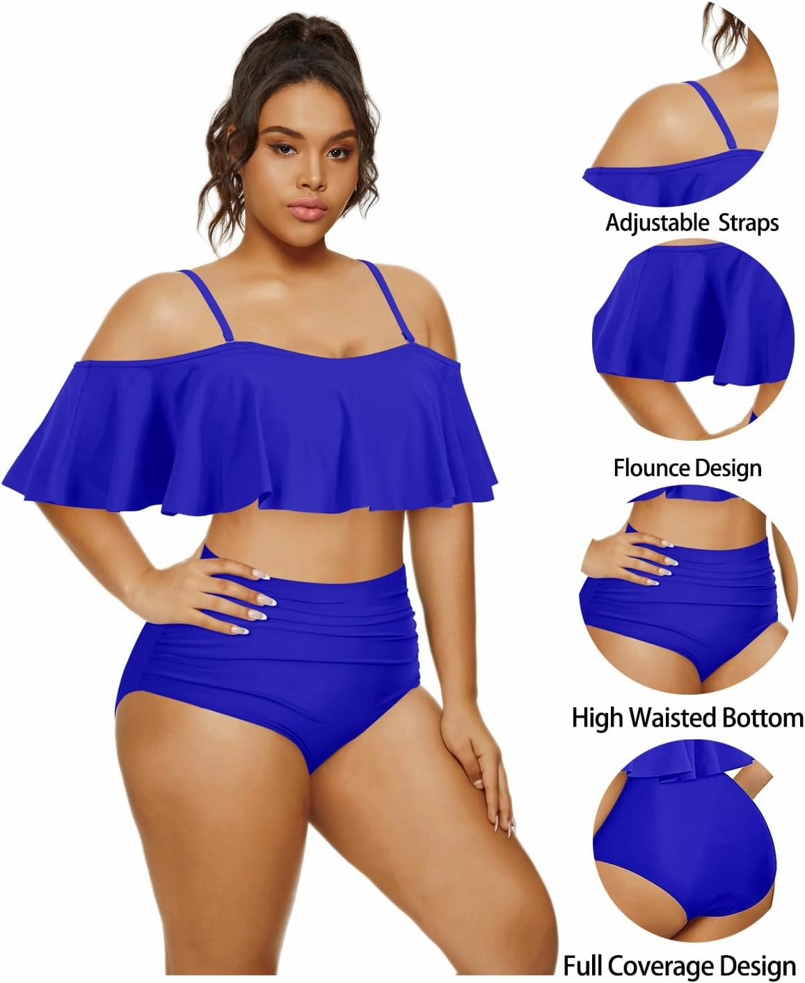 Daci Women Plus Size Bikini Sets High Waisted Ruffle Tummy Control Two Piece Swimsuit Off Shoulder Lace up Bathing Suit