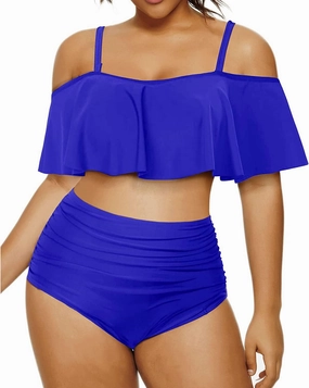 Daci Women Plus Size Bikini Sets High Waisted Ruffle Tummy Control Two Piece Swimsuit Off Shoulder Lace up Bathing Suit