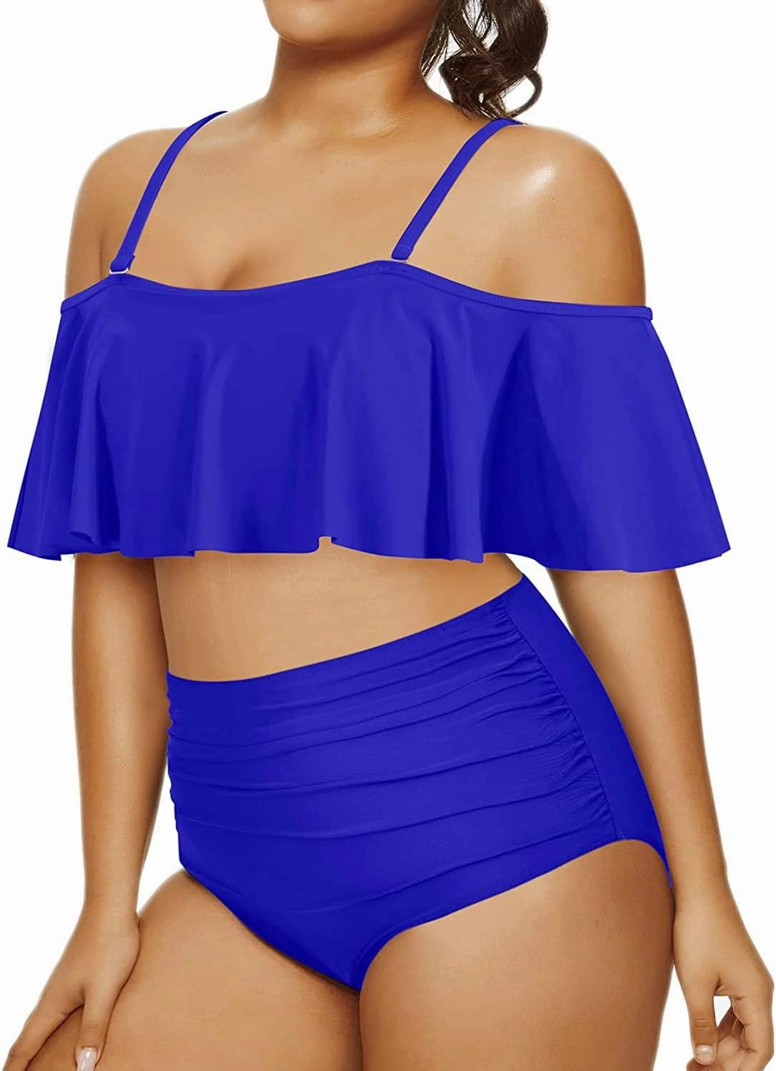 Daci Women Plus Size Bikini Sets High Waisted Ruffle Tummy Control Two Piece Swimsuit Off Shoulder Lace up Bathing Suit