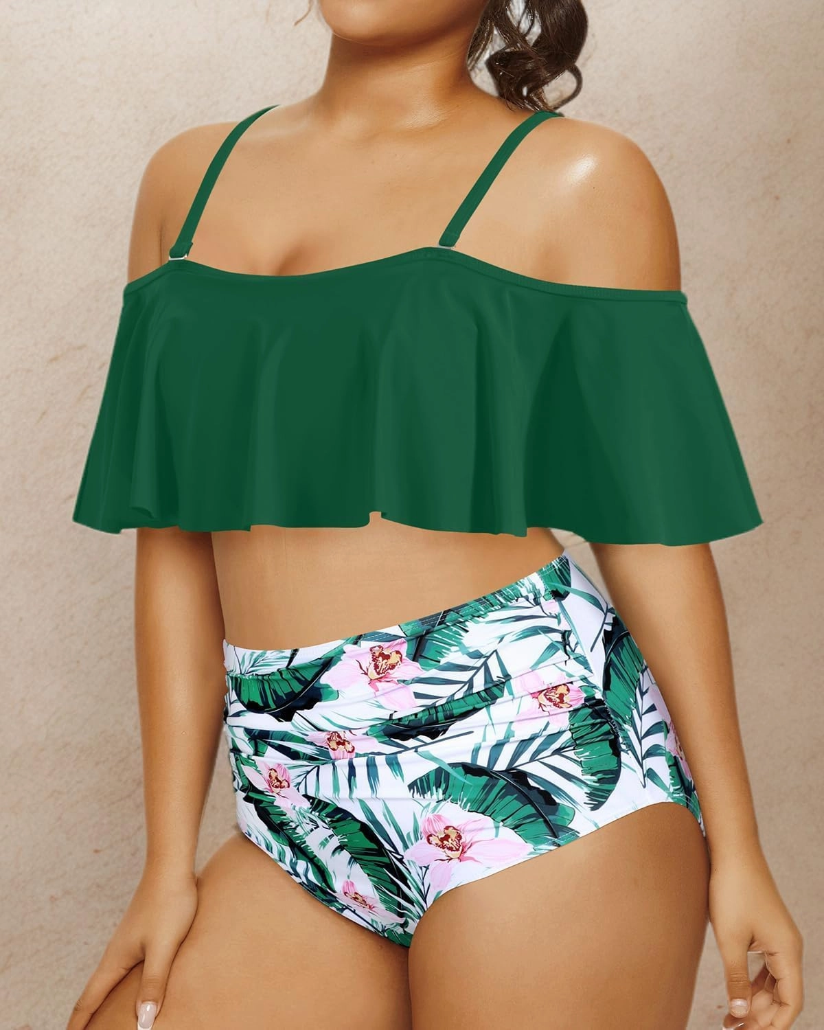 Daci Women Plus Size Bikini Sets High Waisted Ruffle Tummy Control Two Piece Swimsuit Off Shoulder Lace up Bathing Suit