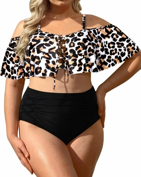 Daci Women Plus Size Bikini Sets High Waisted Ruffle Tummy Control Two Piece Swimsuit Off Shoulder Lace up Bathing Suit