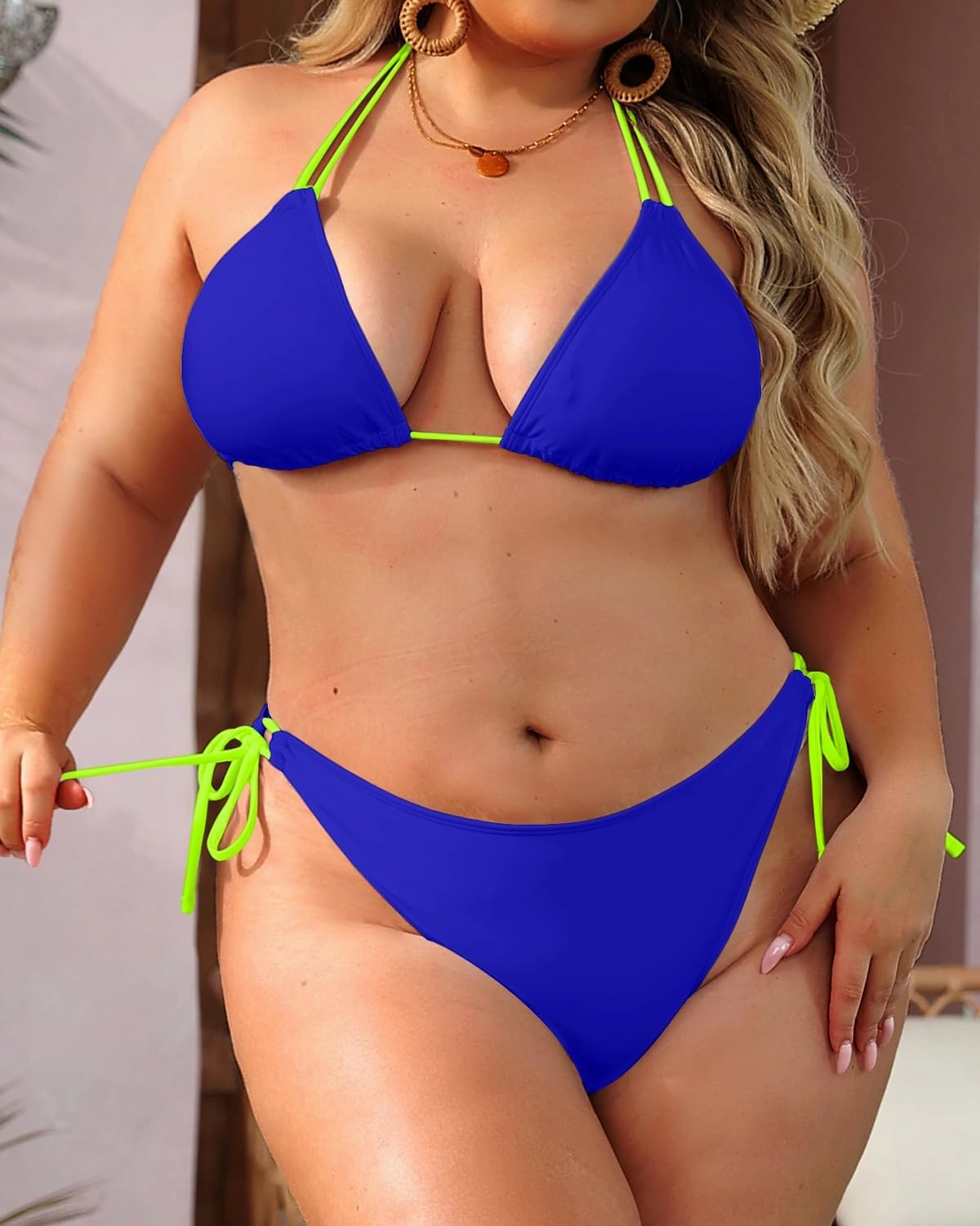 Daci Women Plus Size Triangle Bikini Sets Two Piece Double Straps Halter Swimsuit Side Tie String Sexy Bathing Suits