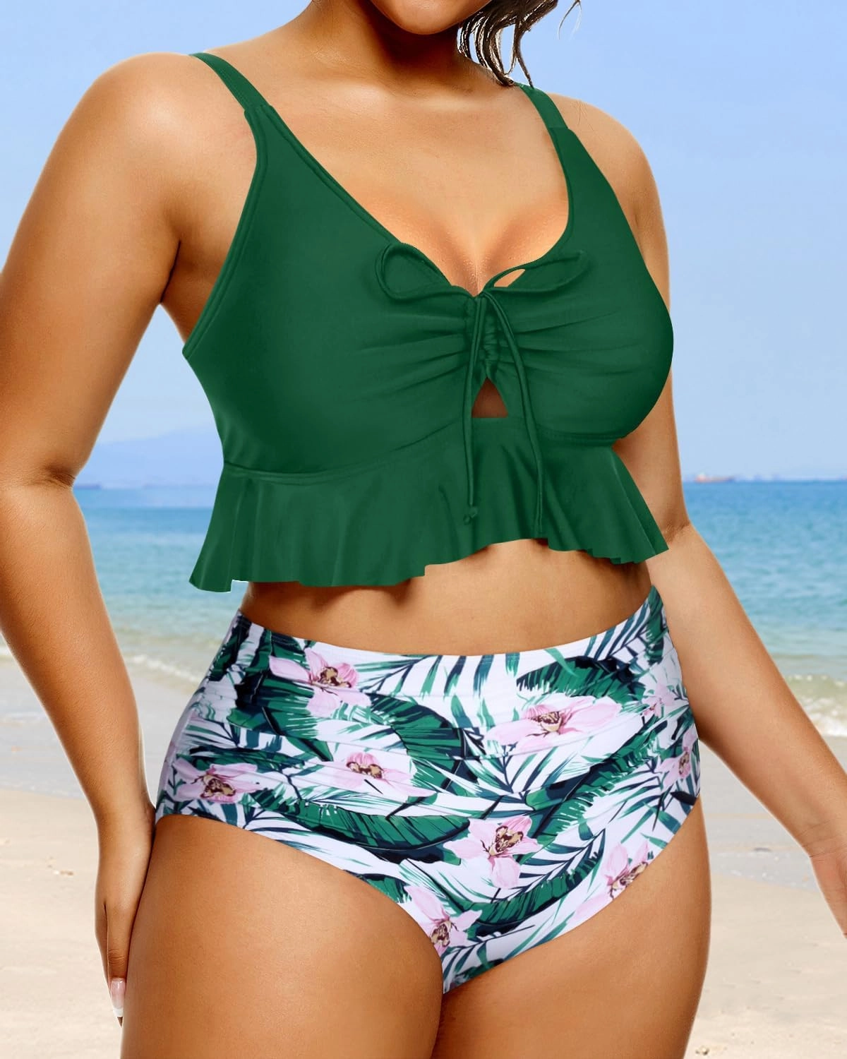 Daci Women Plus Size Two Piece Swimsuits High Waisted Bikini Set Ruffle Flounce Tummy Control Bathing Suits with Bottom