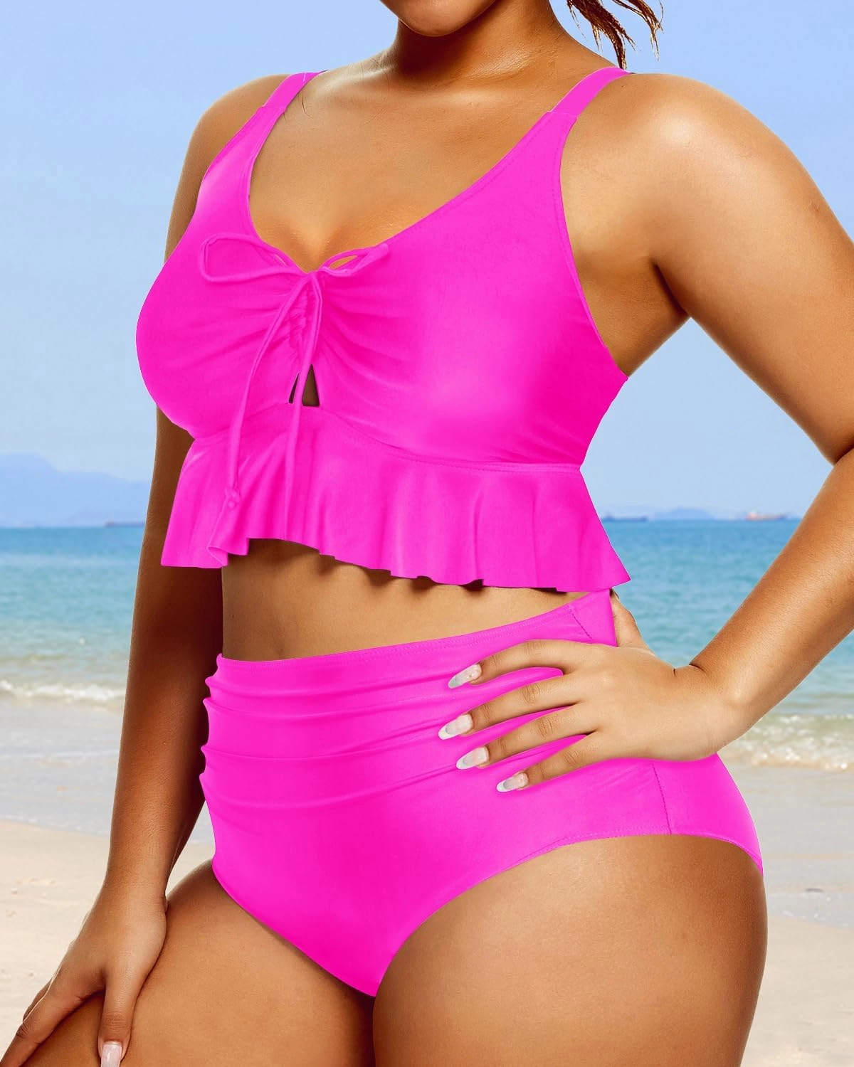Daci Women Plus Size Two Piece Swimsuits High Waisted Bikini Set Ruffle Flounce Tummy Control Bathing Suits with Bottom