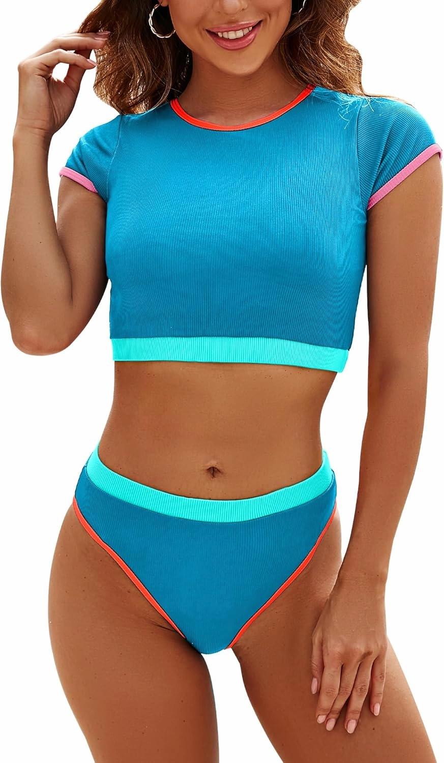 DaiLiWei Two Piece Tummy Control Swimsuits for Women Cheeky Bikini Sets Modest Bathing Suit High Neck Swim Suits Teens