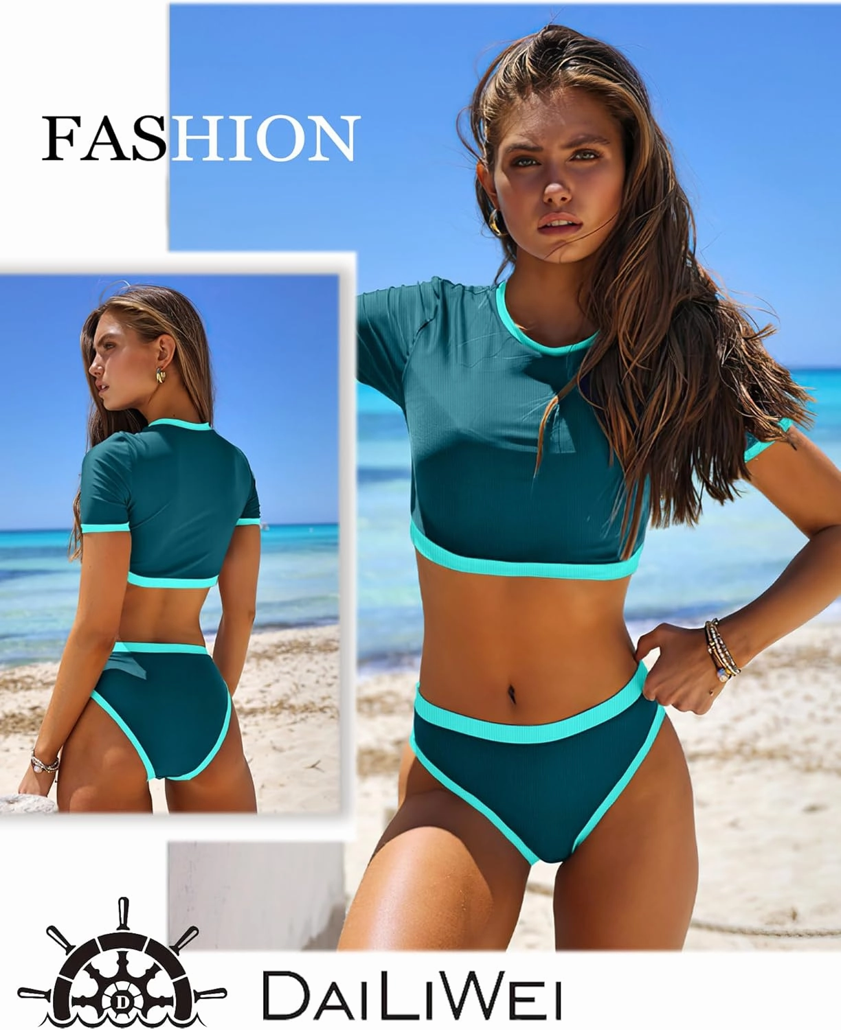 DaiLiWei Two Piece Tummy Control Swimsuits for Women Cheeky Bikini Sets Modest Bathing Suit High Neck Swim Suits Teens