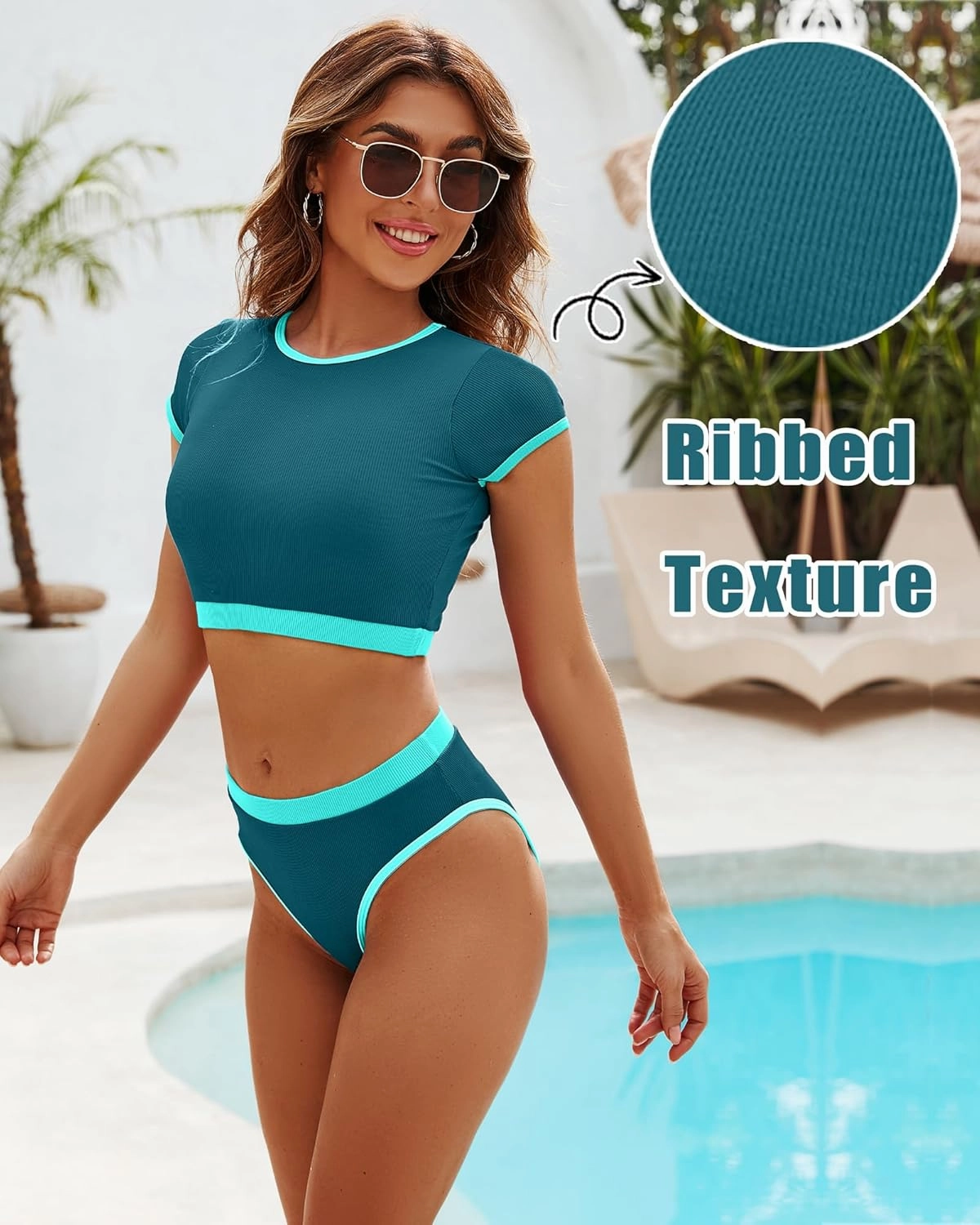 DaiLiWei Two Piece Tummy Control Swimsuits for Women Cheeky Bikini Sets Modest Bathing Suit High Neck Swim Suits Teens