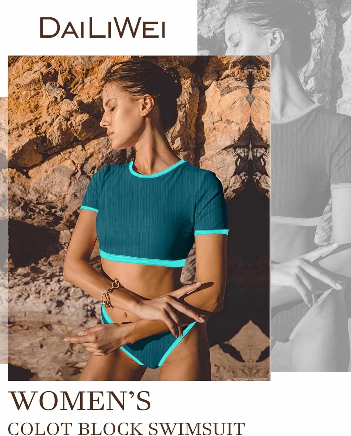 DaiLiWei Two Piece Tummy Control Swimsuits for Women Cheeky Bikini Sets Modest Bathing Suit High Neck Swim Suits Teens