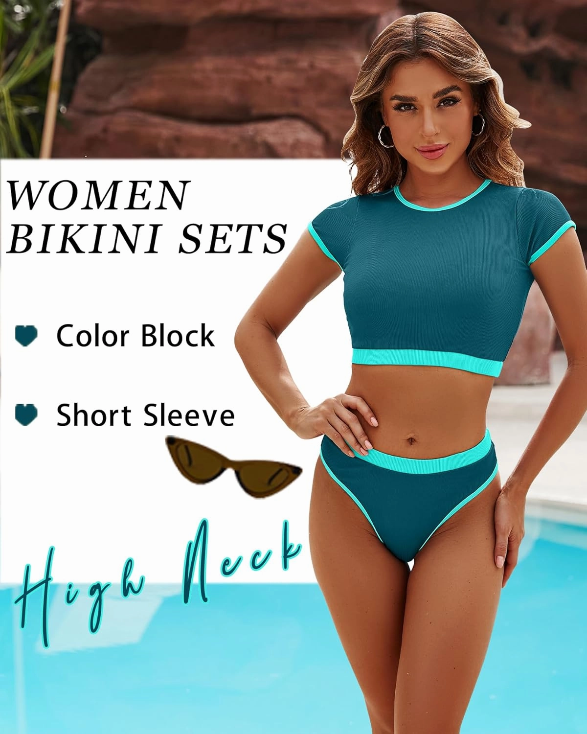 DaiLiWei Two Piece Tummy Control Swimsuits for Women Cheeky Bikini Sets Modest Bathing Suit High Neck Swim Suits Teens