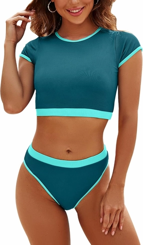 DaiLiWei Two Piece Tummy Control Swimsuits for Women Cheeky Bikini Sets Modest Bathing Suit High Neck Swim Suits Teens