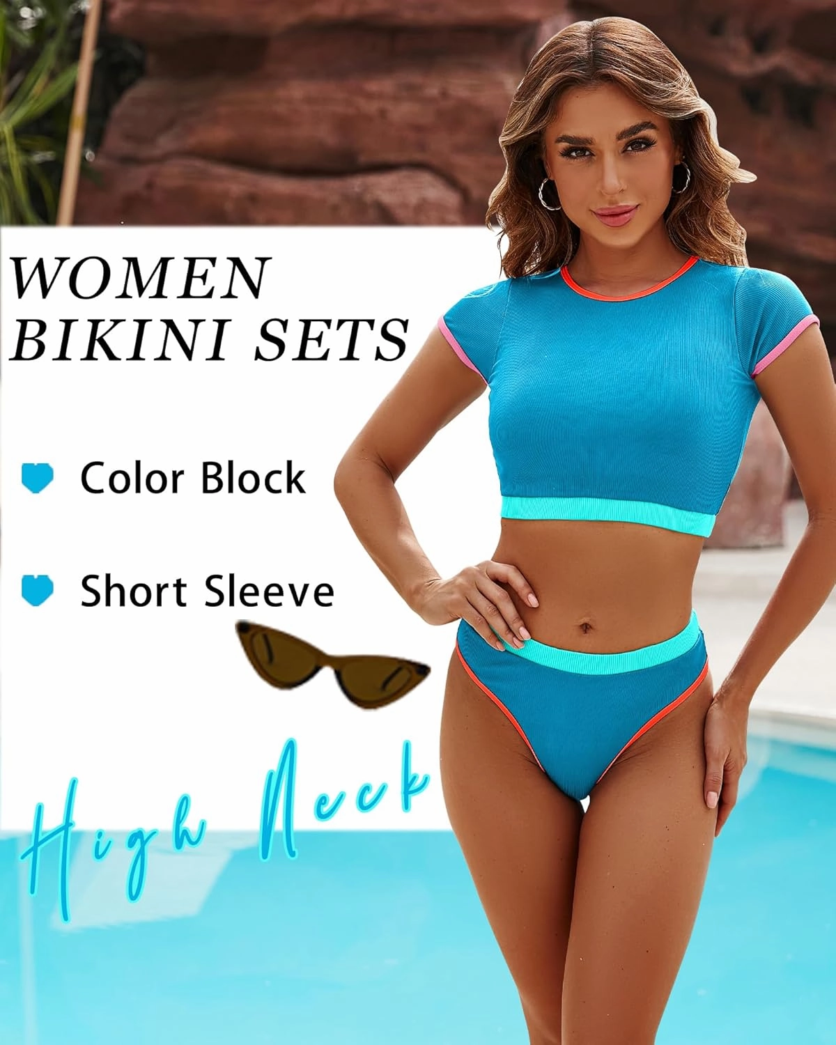DaiLiWei Two Piece Tummy Control Swimsuits for Women Cheeky Bikini Sets Modest Bathing Suit High Neck Swim Suits Teens