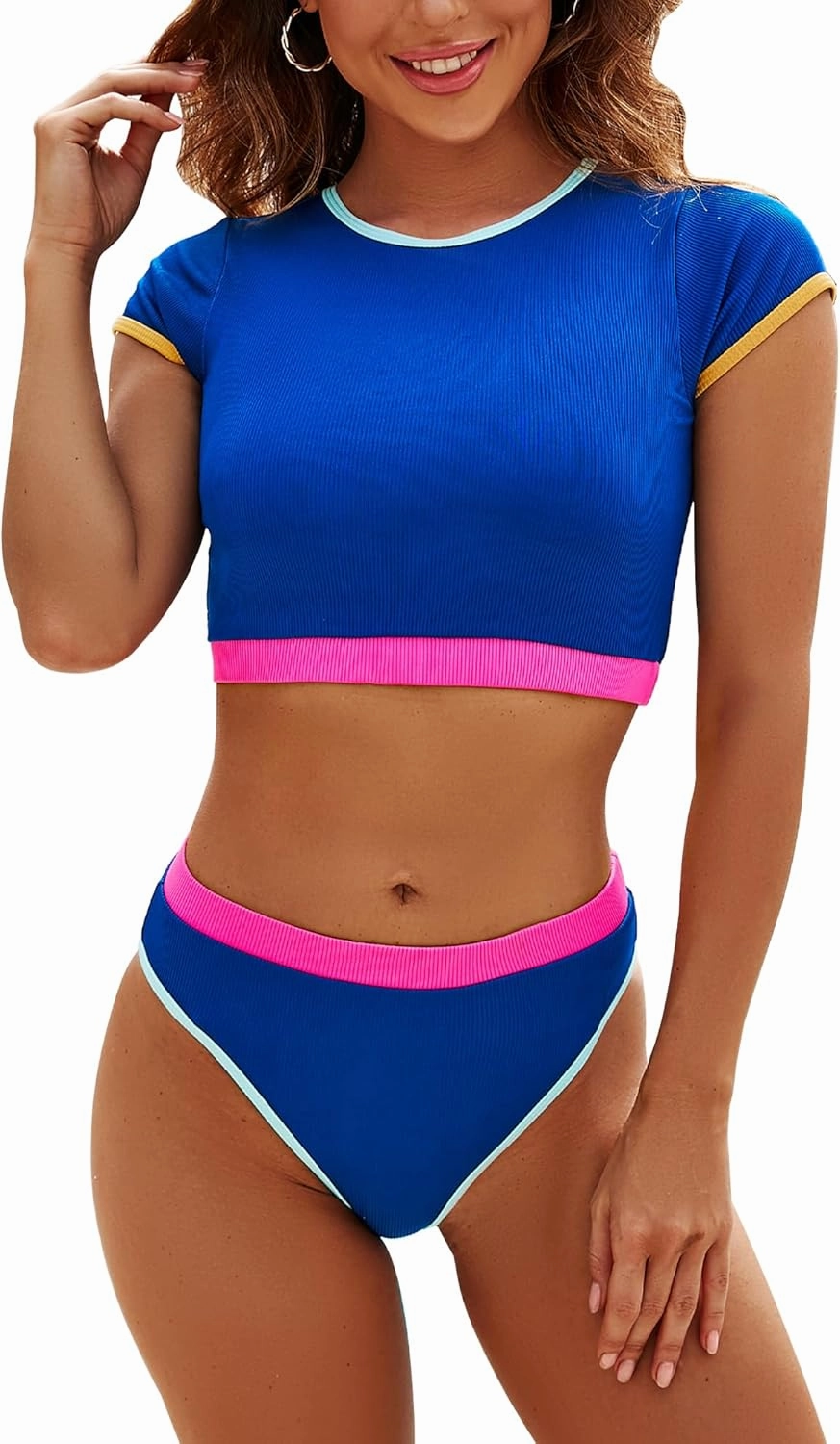 DaiLiWei Two Piece Tummy Control Swimsuits for Women Cheeky Bikini Sets Modest Bathing Suit High Neck Swim Suits Teens