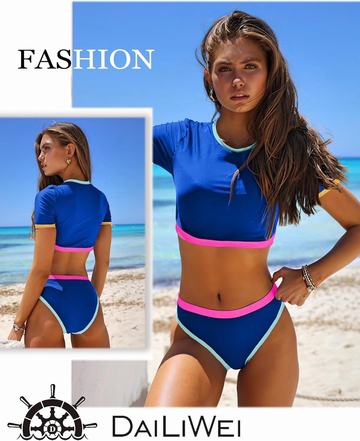 DaiLiWei Two Piece Tummy Control Swimsuits for Women Cheeky Bikini Sets Modest Bathing Suit High Neck Swim Suits Teens