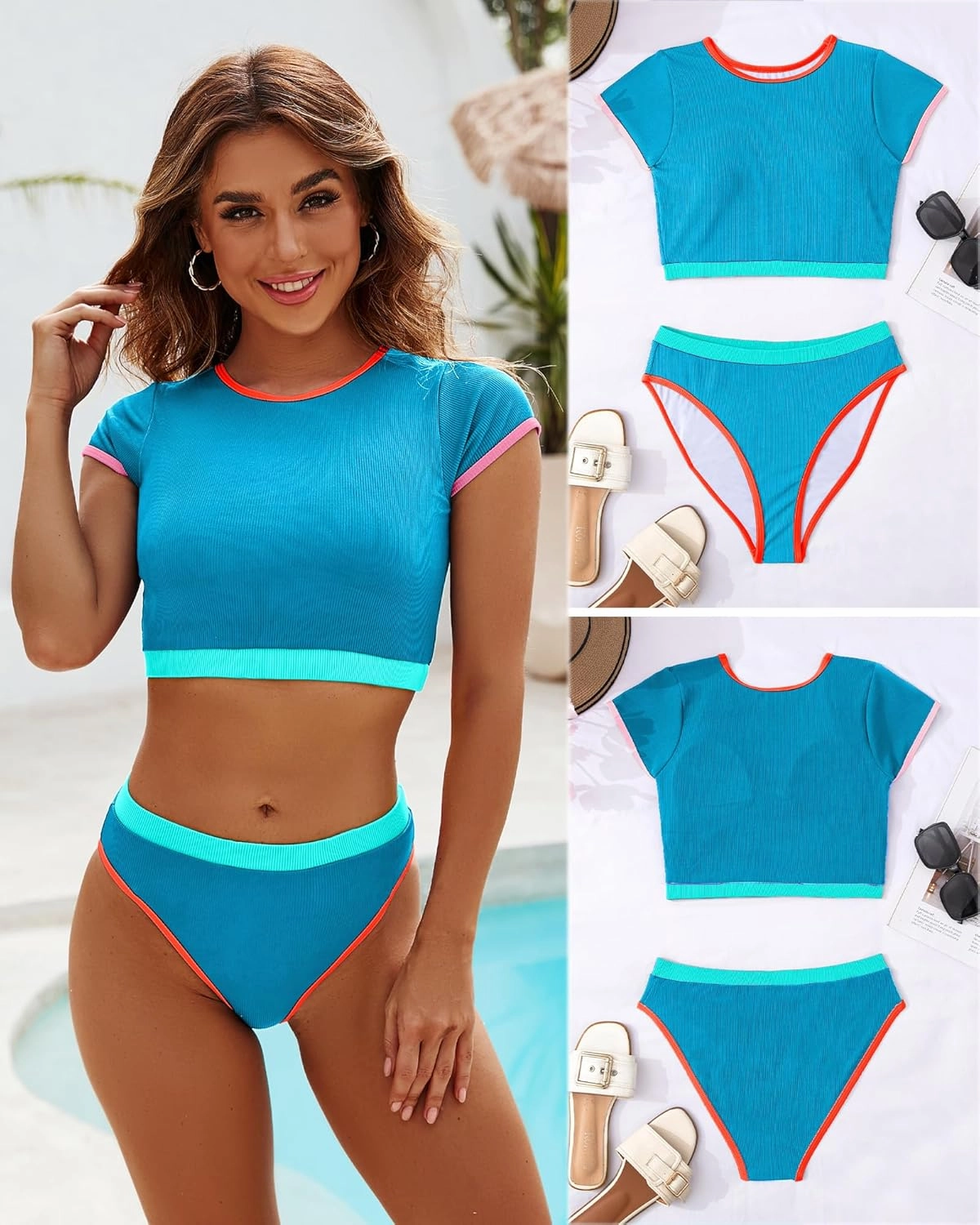 DaiLiWei Two Piece Tummy Control Swimsuits for Women Cheeky Bikini Sets Modest Bathing Suit High Neck Swim Suits Teens