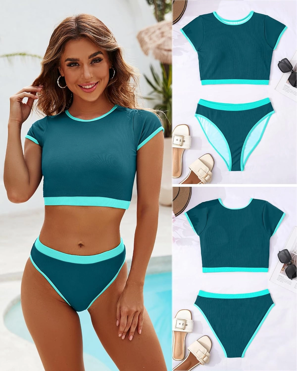 DaiLiWei Two Piece Tummy Control Swimsuits for Women Cheeky Bikini Sets Modest Bathing Suit High Neck Swim Suits Teens
