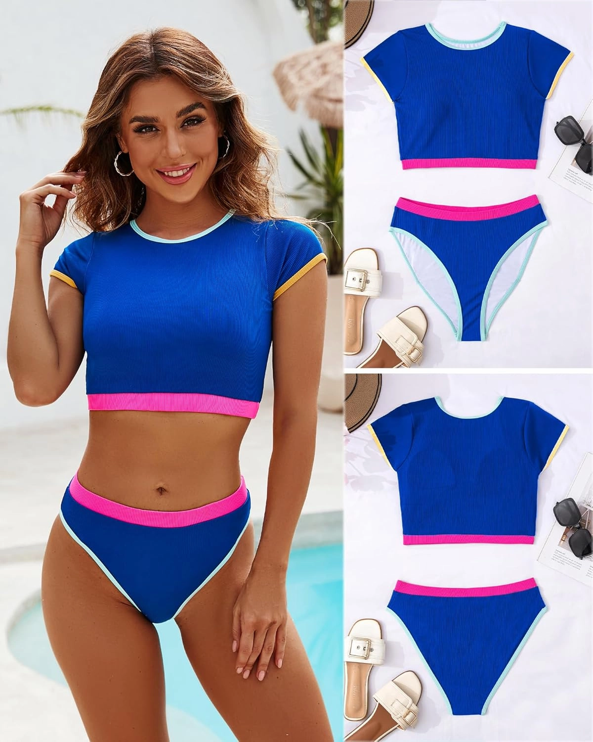 DaiLiWei Two Piece Tummy Control Swimsuits for Women Cheeky Bikini Sets Modest Bathing Suit High Neck Swim Suits Teens