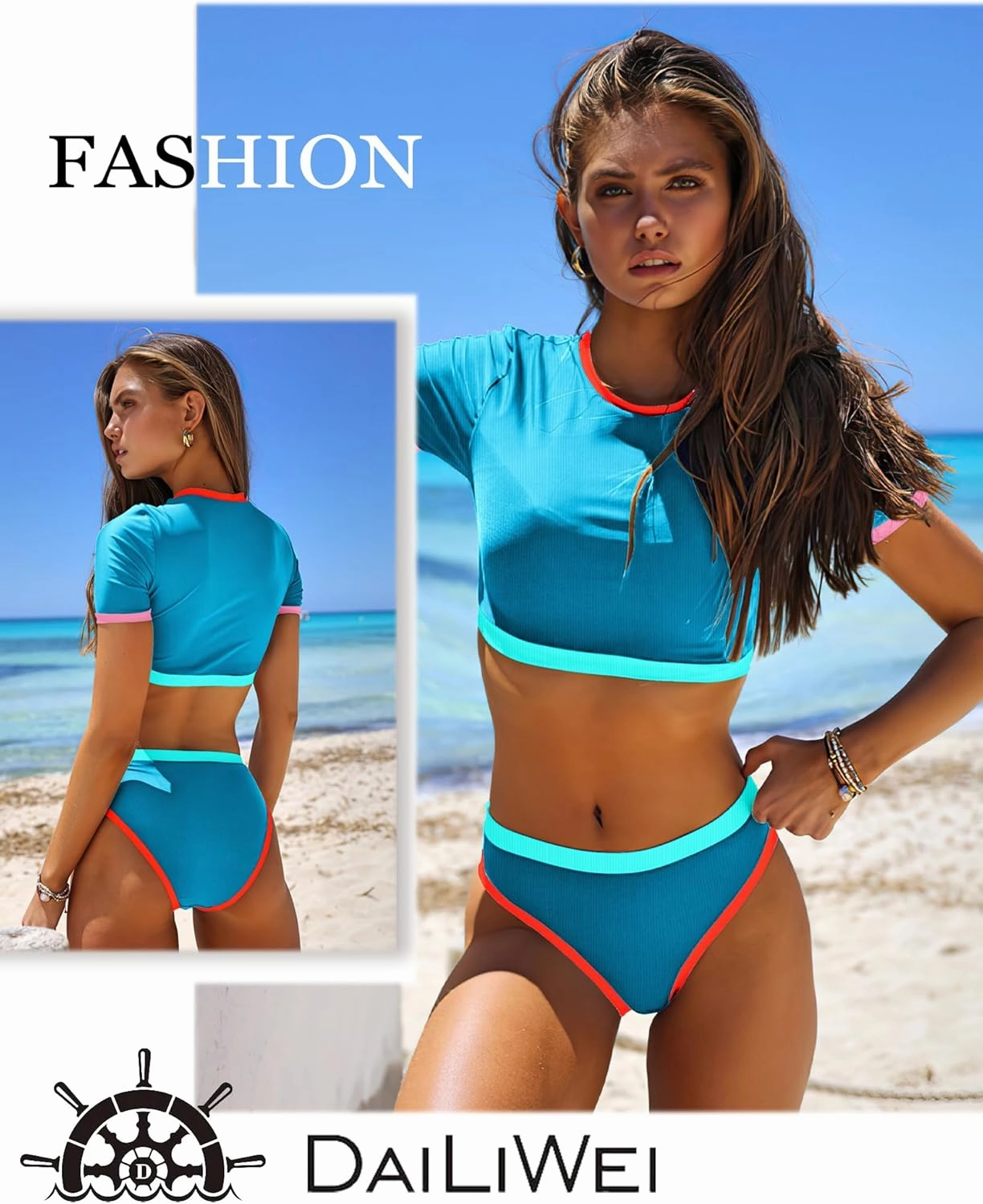 DaiLiWei Two Piece Tummy Control Swimsuits for Women Cheeky Bikini Sets Modest Bathing Suit High Neck Swim Suits Teens