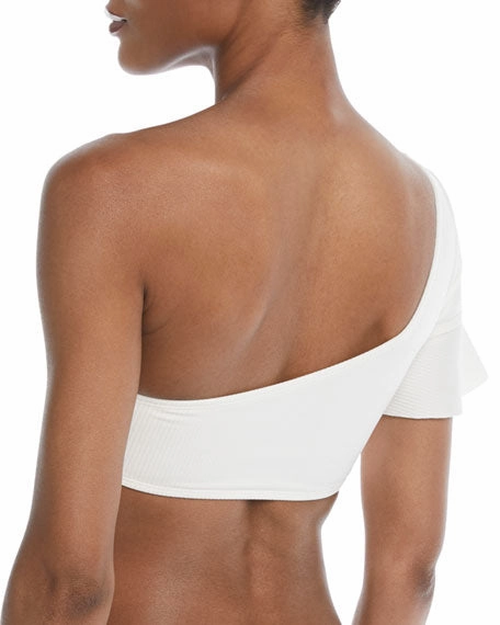 Diane Von Furstenberg DVF Ivory White One Shoulder Flounce Crop Swim Top