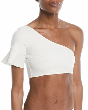 Diane Von Furstenberg DVF Ivory White One Shoulder Flounce Crop Swim Top