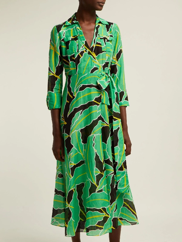 Diane Von Furstenberg DVF Wrap Dress In Windsor Floral Palm Green Print