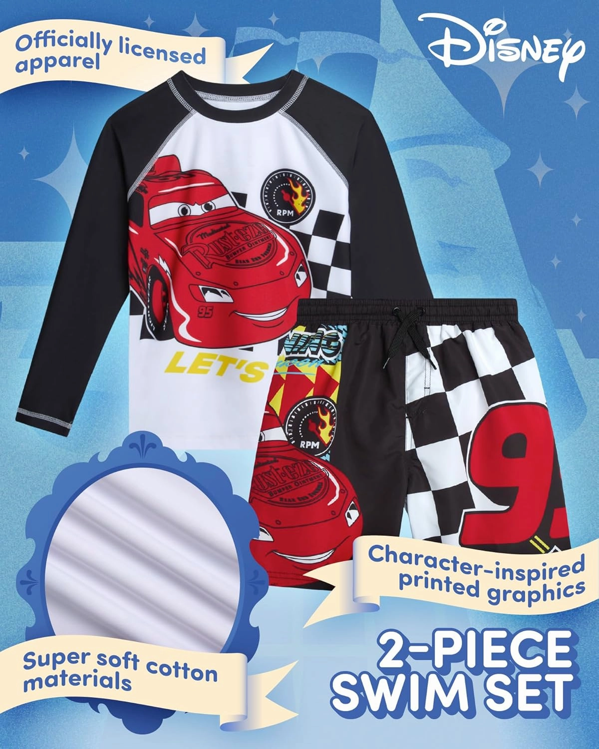 Disney Boys Rash Guard Set - 2 Piece Mickey Mouse, Cars Lighting McQueen, and Buzz Lightyear UP50  Swim Set for Boys (2T-7)
