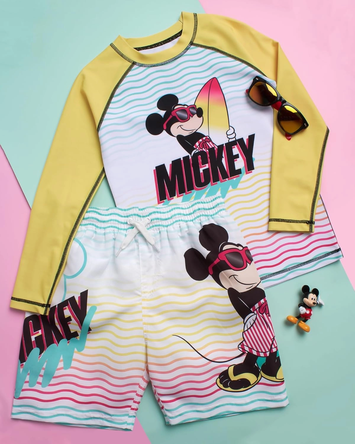 Disney Boys Rash Guard Set - 2 Piece Mickey Mouse, Cars Lighting McQueen, and Buzz Lightyear UP50  Swim Set for Boys (2T-7)