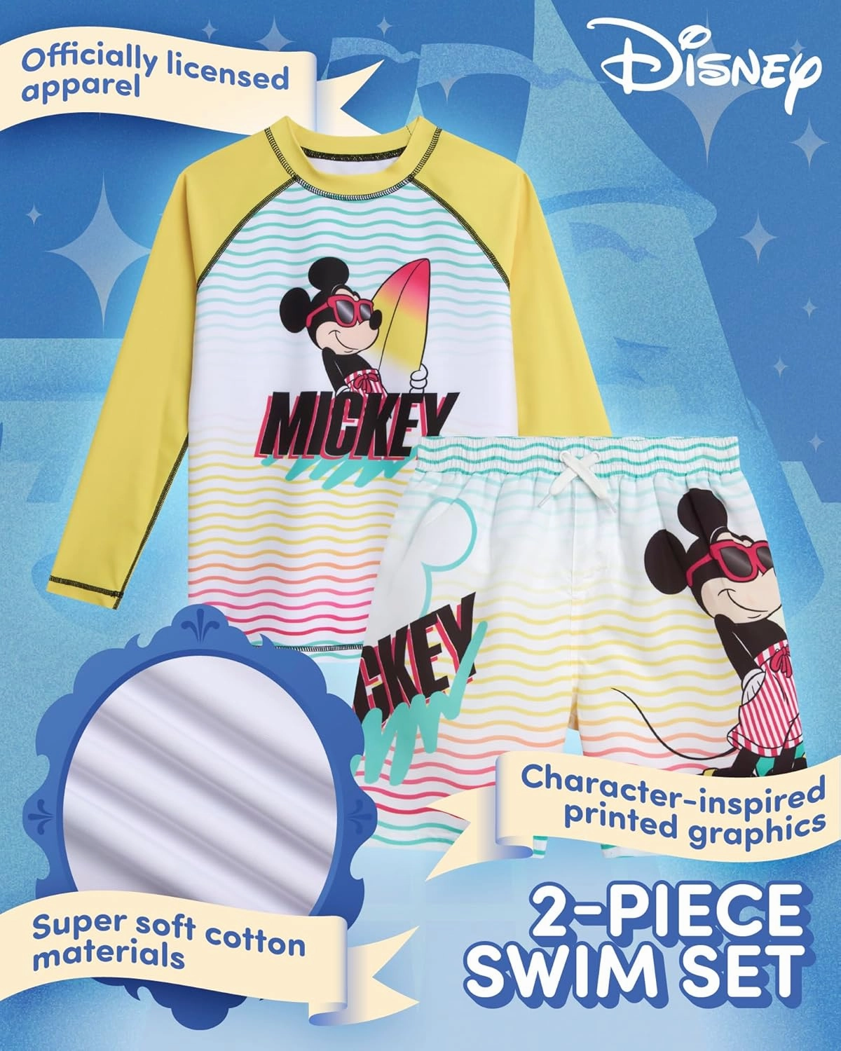 Disney Boys Rash Guard Set - 2 Piece Mickey Mouse, Cars Lighting McQueen, and Buzz Lightyear UP50  Swim Set for Boys (2T-7)