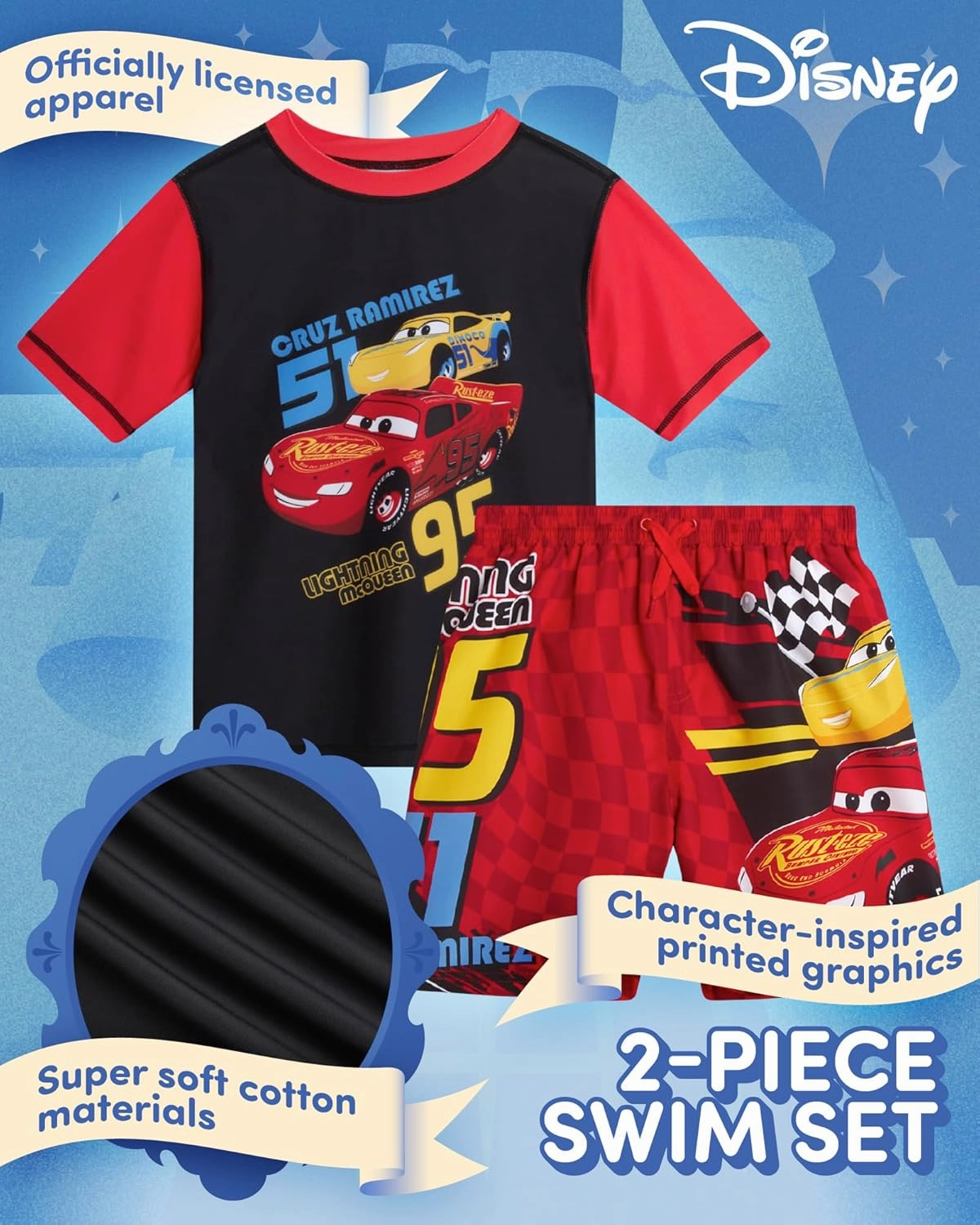 Disney Boys Rash Guard Set - 2 Piece Mickey Mouse, Cars Lighting McQueen, and Buzz Lightyear UP50  Swim Set for Boys (2T-7)